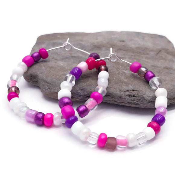 Pink and White Seed Beads Hoops 35mm
