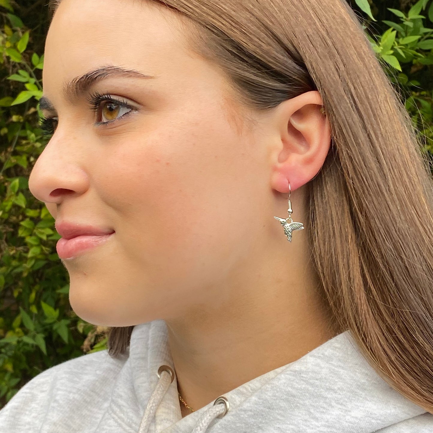 Hummingbird Charm Earrings, Silver Plated Hooks