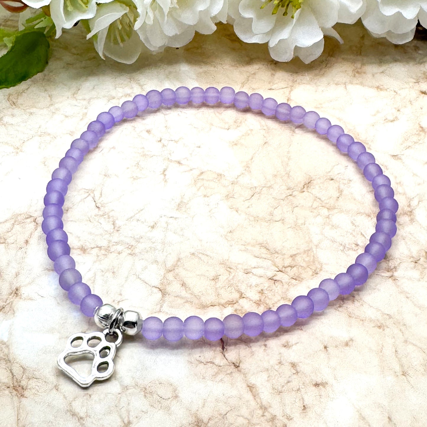 Paw Print Charm Frosted Bead Anklet - Colour Choice