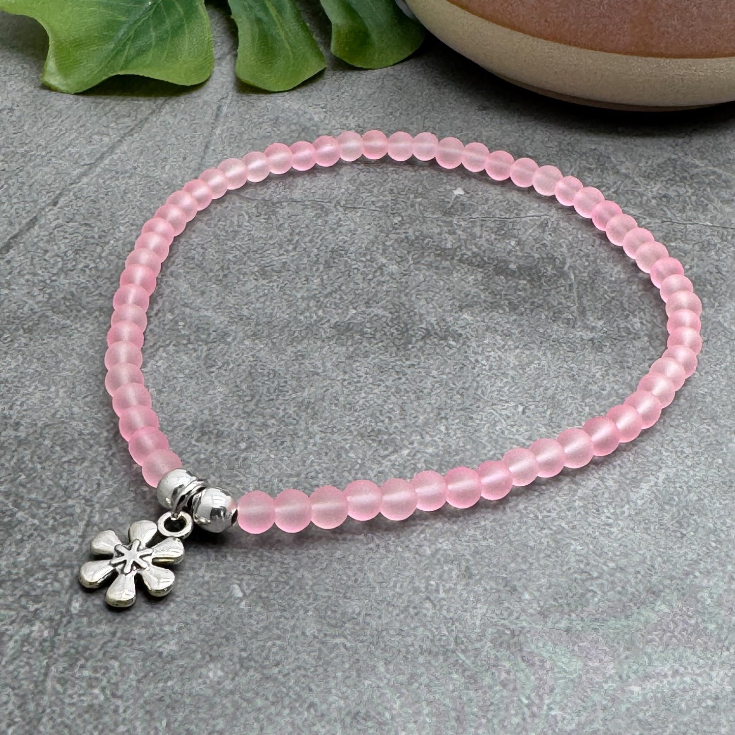 Daisy Flower Charm Frosted Bead Anklet - Colour Choice