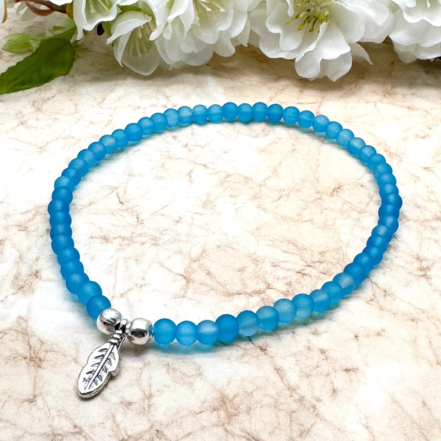 Feather Charm Frosted Bead Anklet - Colour Choice
