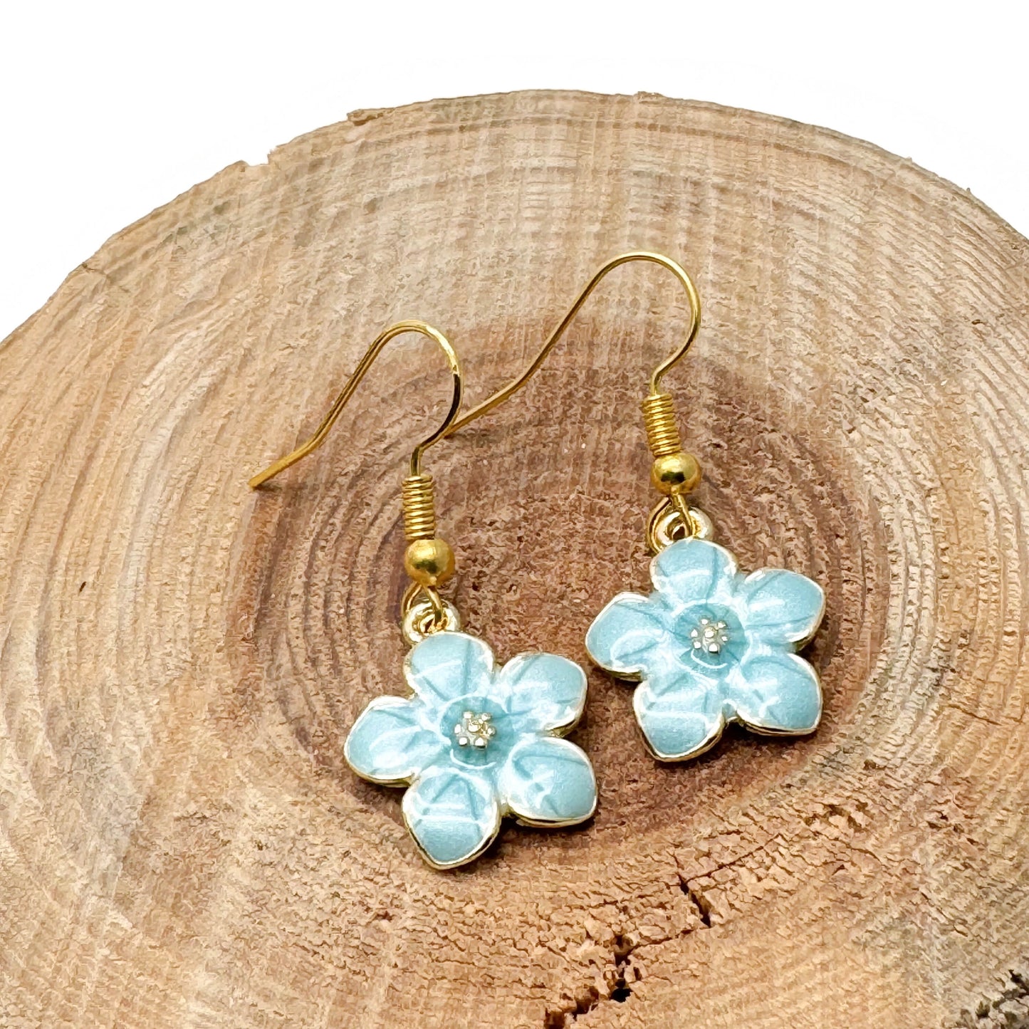 Daisy Flower Earrings, Turquoise Blue Enamel Charms, Nickel Free Hooks : 34mm long