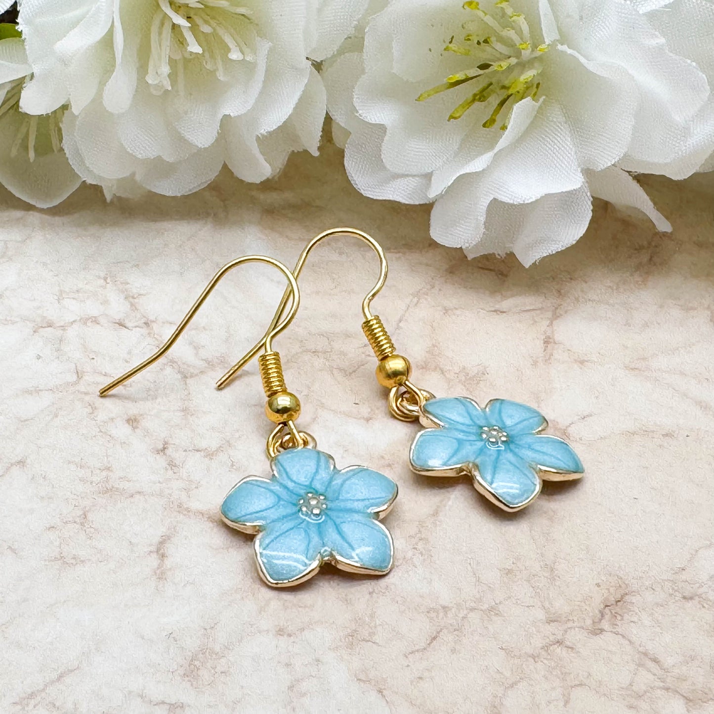 Daisy Flower Earrings, Turquoise Blue Enamel Charms, Nickel Free Hooks : 34mm long