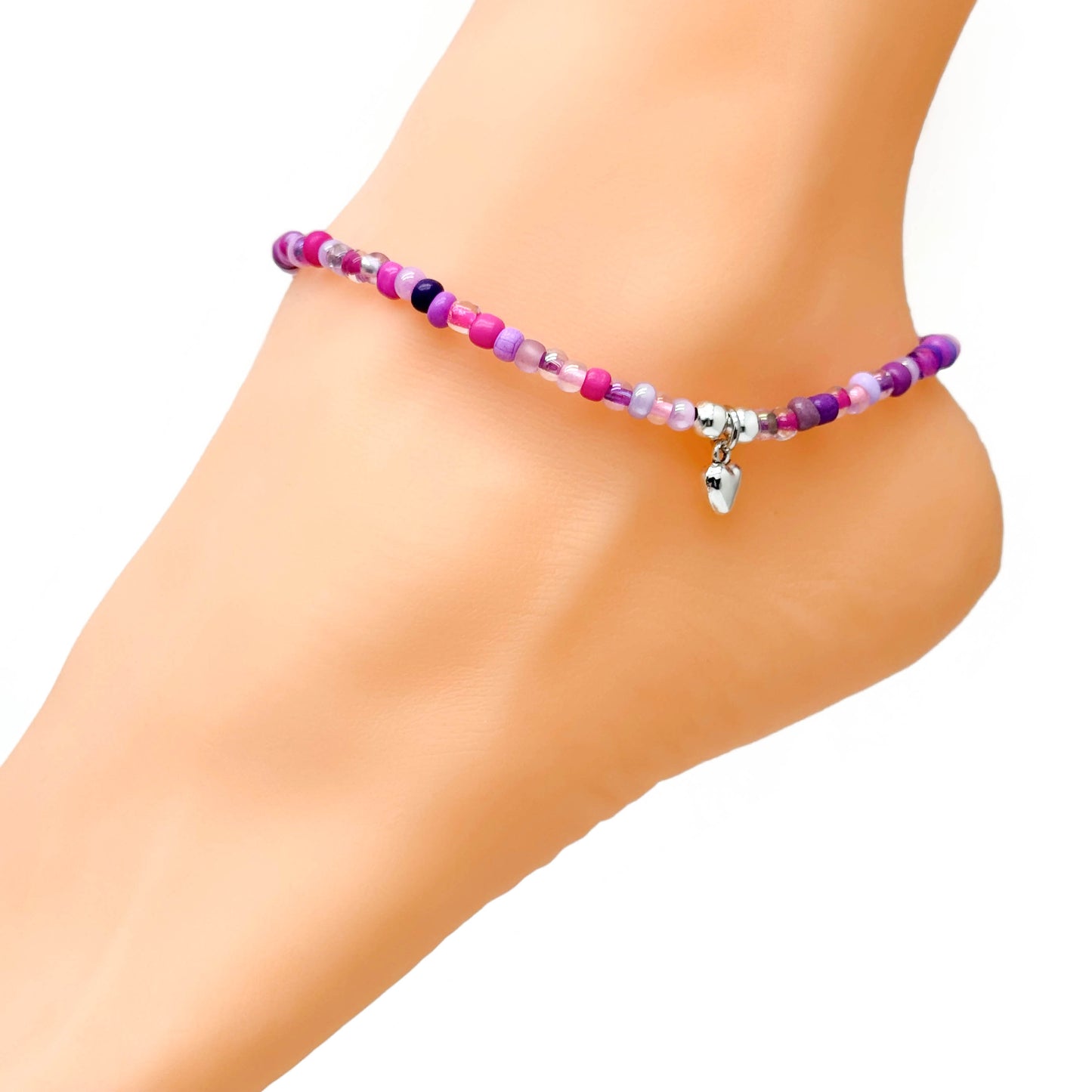 Heart Charm Seed Bead Anklet - Colour Choice