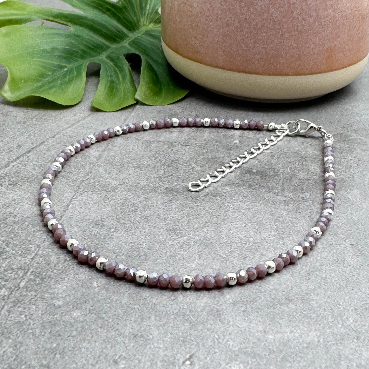 Plus Size Anklet with 3mm Faceted Purple Beads, Adjustable