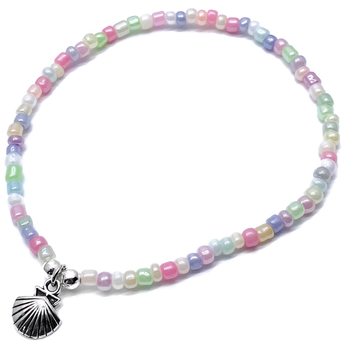 Shell Charm Pale Pastel Seed Bead Anklet