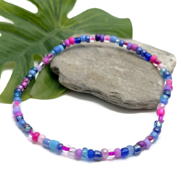 Blue and Pink Glass Seed Bead Anklet