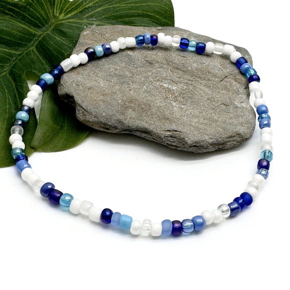 Blue and White Glass Seed Bead Anklet