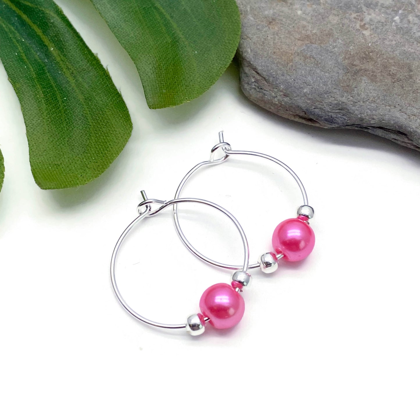Candy Pink Glass Bead Silver Tone Hoops : 20mm Diameter