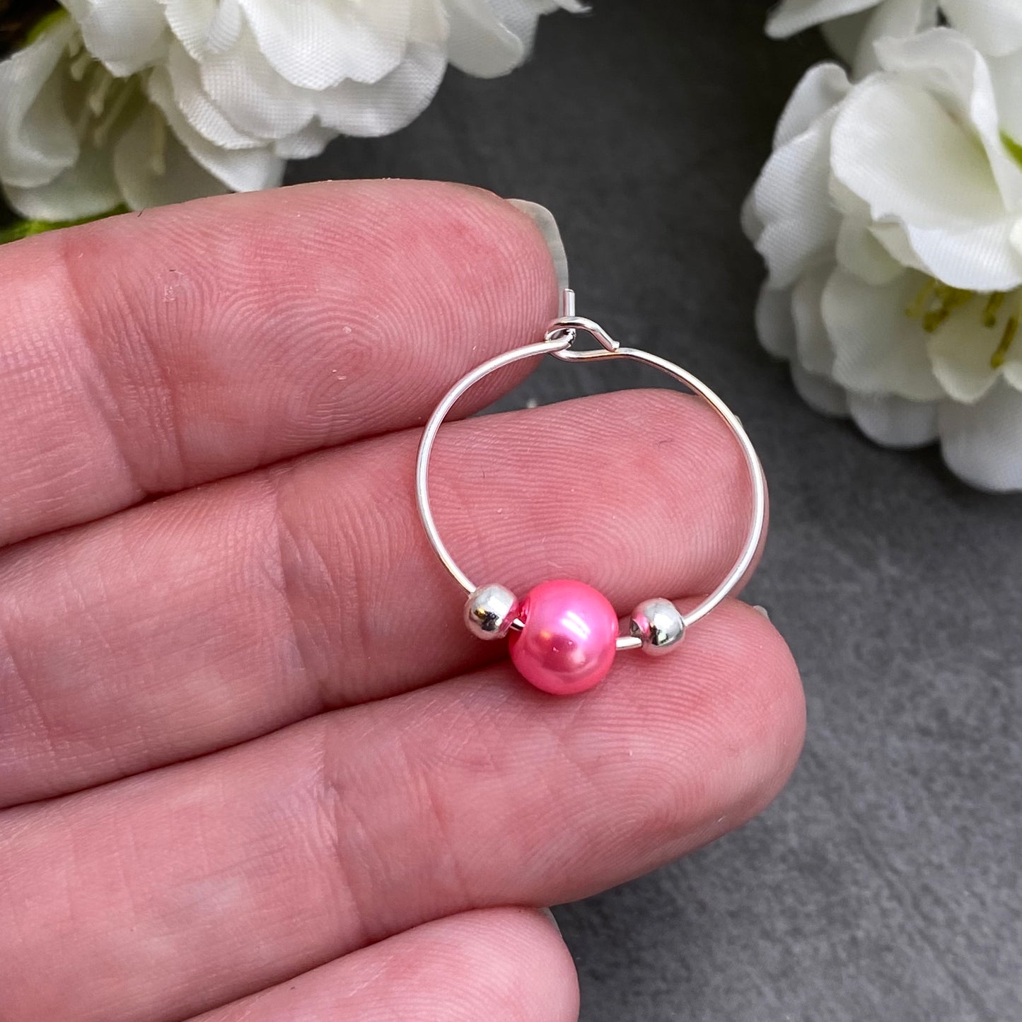 Candy Pink Glass Bead Silver Tone Hoops : 20mm Diameter