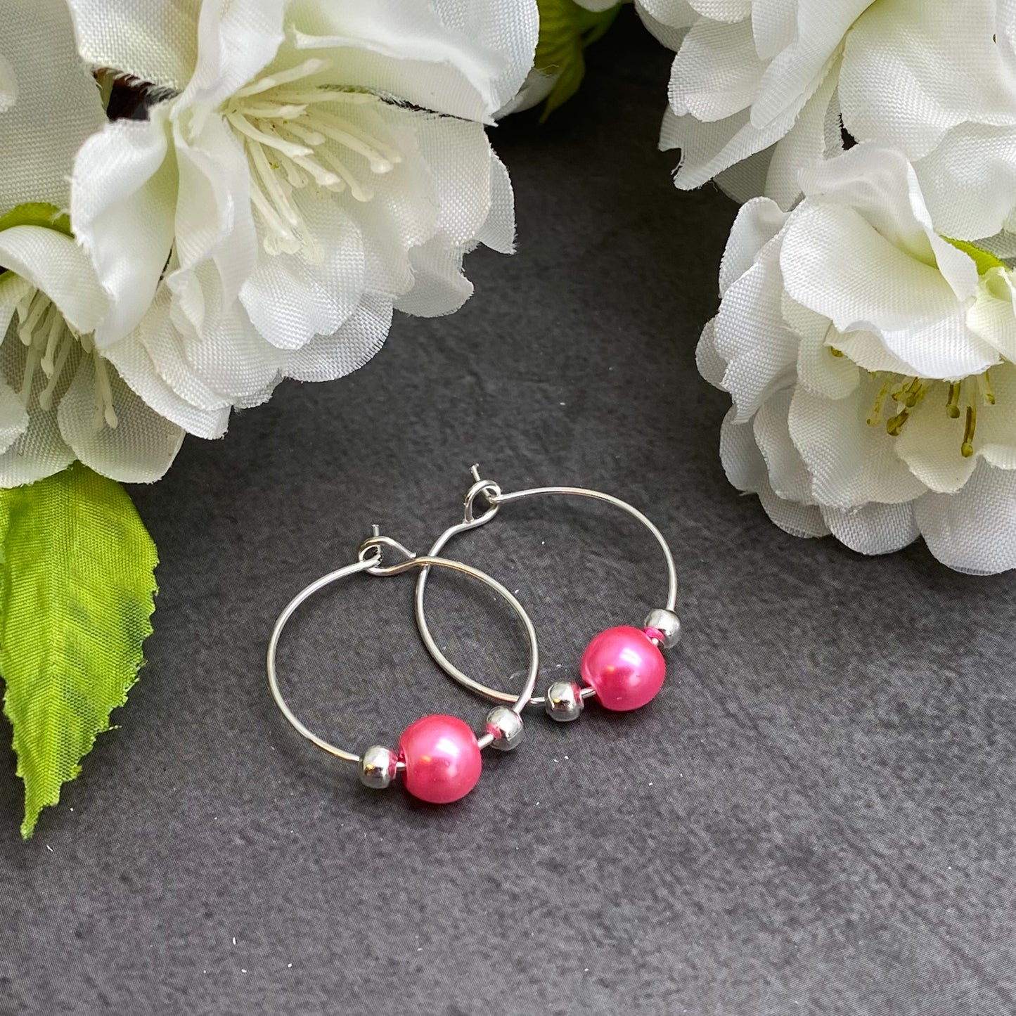 Candy Pink Glass Bead Silver Tone Hoops : 20mm Diameter