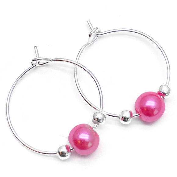 Candy Pink Glass Bead Silver Tone Hoops : 20mm Diameter