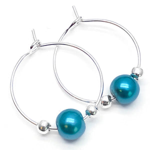 Green Glass Bead Silver Tone Hoops : 20mm Diameter