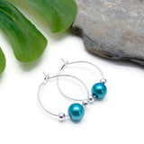 Green Glass Bead Silver Tone Hoops : 20mm Diameter