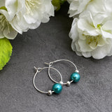 Green Glass Bead Silver Tone Hoops : 20mm Diameter