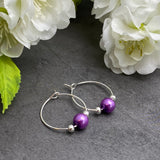 Purple Glass Bead Silver Tone Hoops : 20mm Diameter