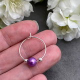 Purple Glass Bead Silver Tone Hoops : 20mm Diameter