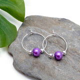 Purple Glass Bead Silver Tone Hoops : 20mm Diameter