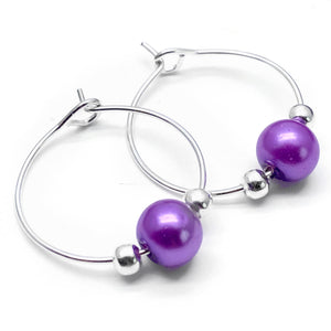 Purple Glass Bead Silver Tone Hoops : 20mm Diameter