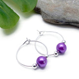 Purple Glass Bead Silver Tone Hoops : 20mm Diameter