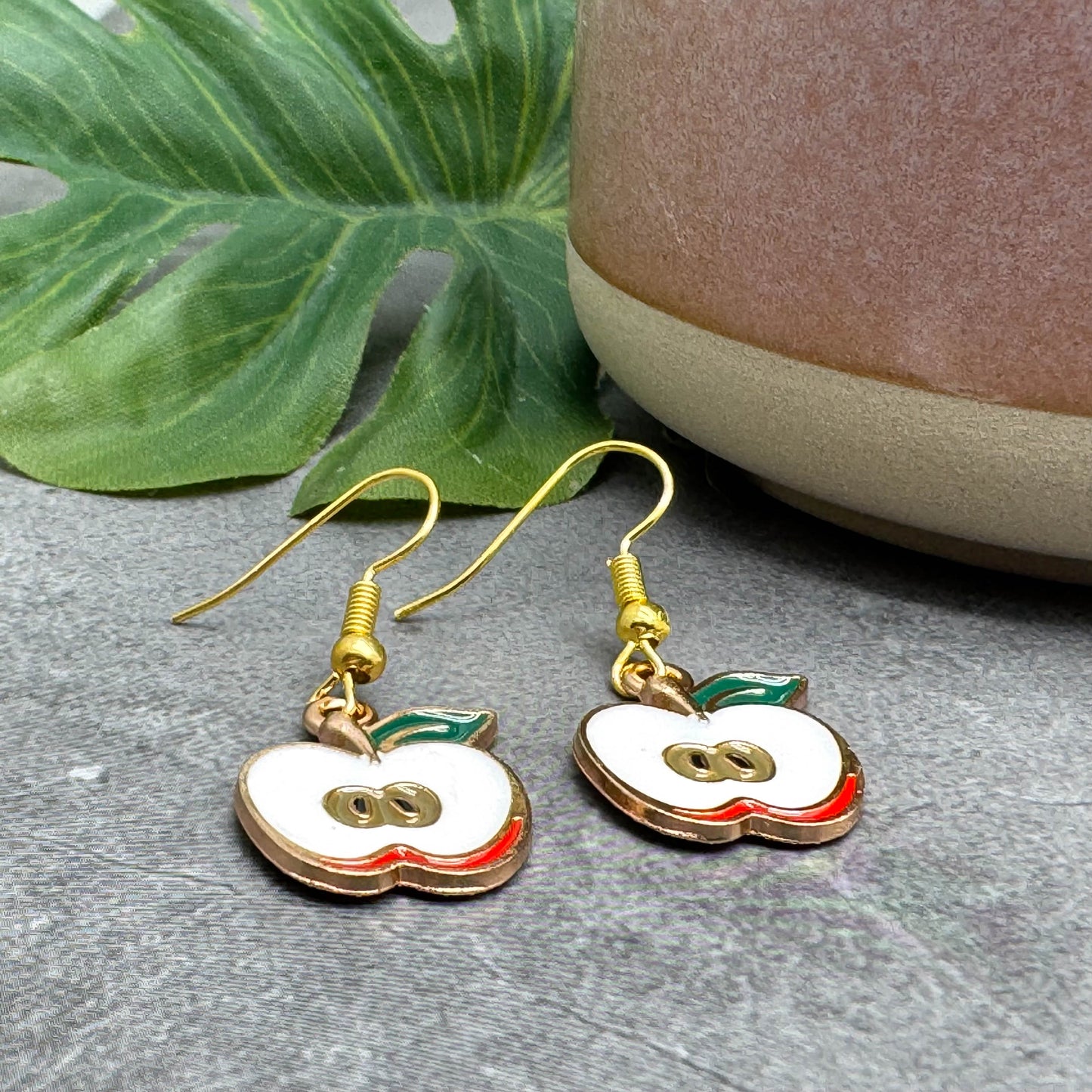 Apple Charm Earrings, White Enamel Beads, Nickel Free Gold Tone Hooks : 38mm