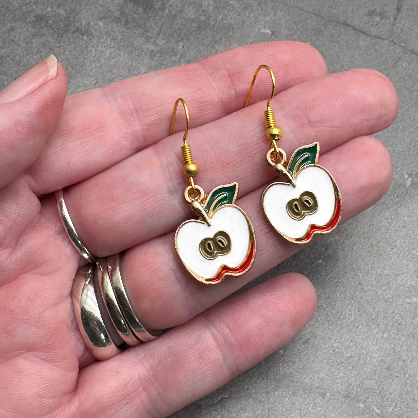 Apple Charm Earrings, White Enamel Beads, Nickel Free Gold Tone Hooks : 38mm