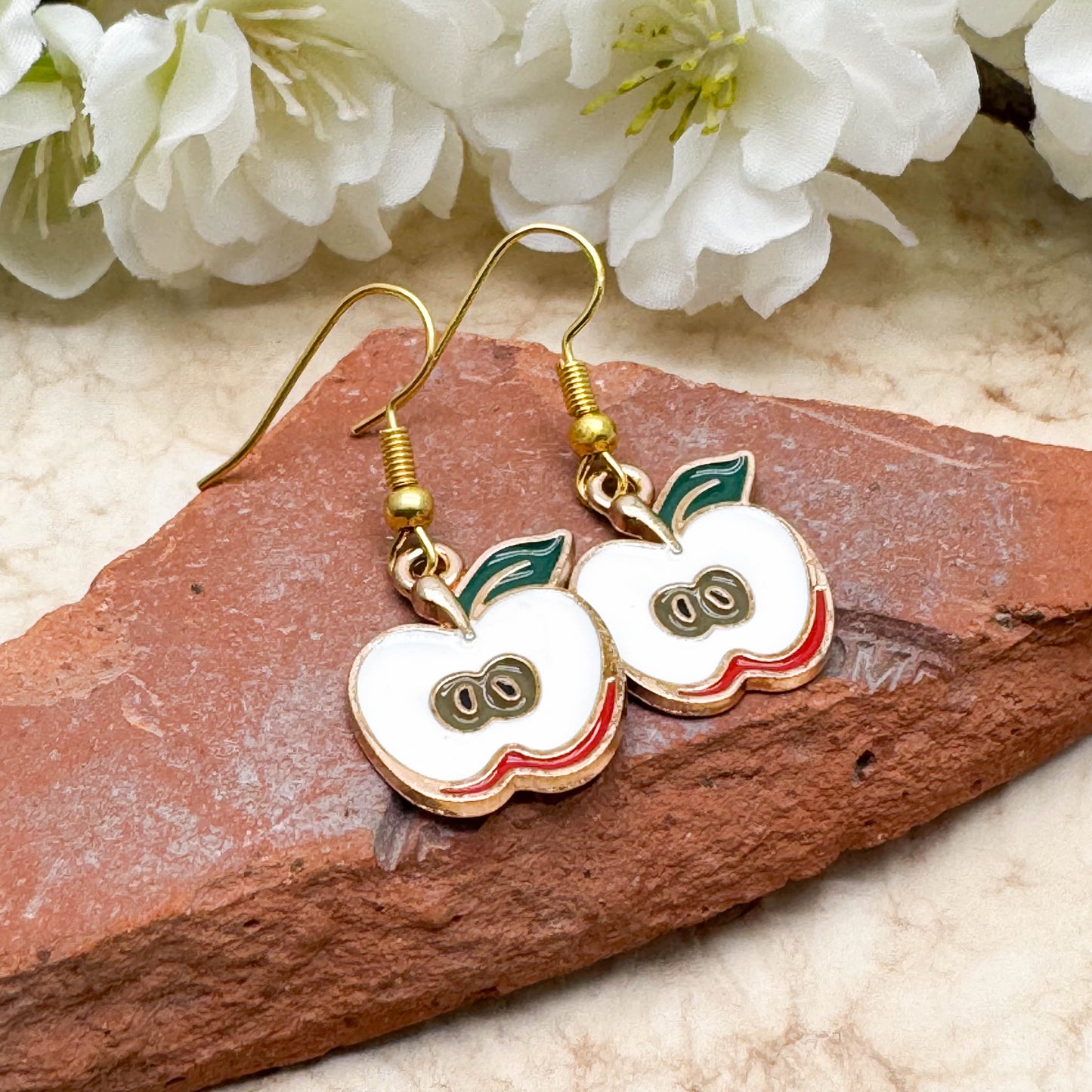 Apple Charm Earrings, White Enamel Beads, Nickel Free Gold Tone Hooks : 38mm