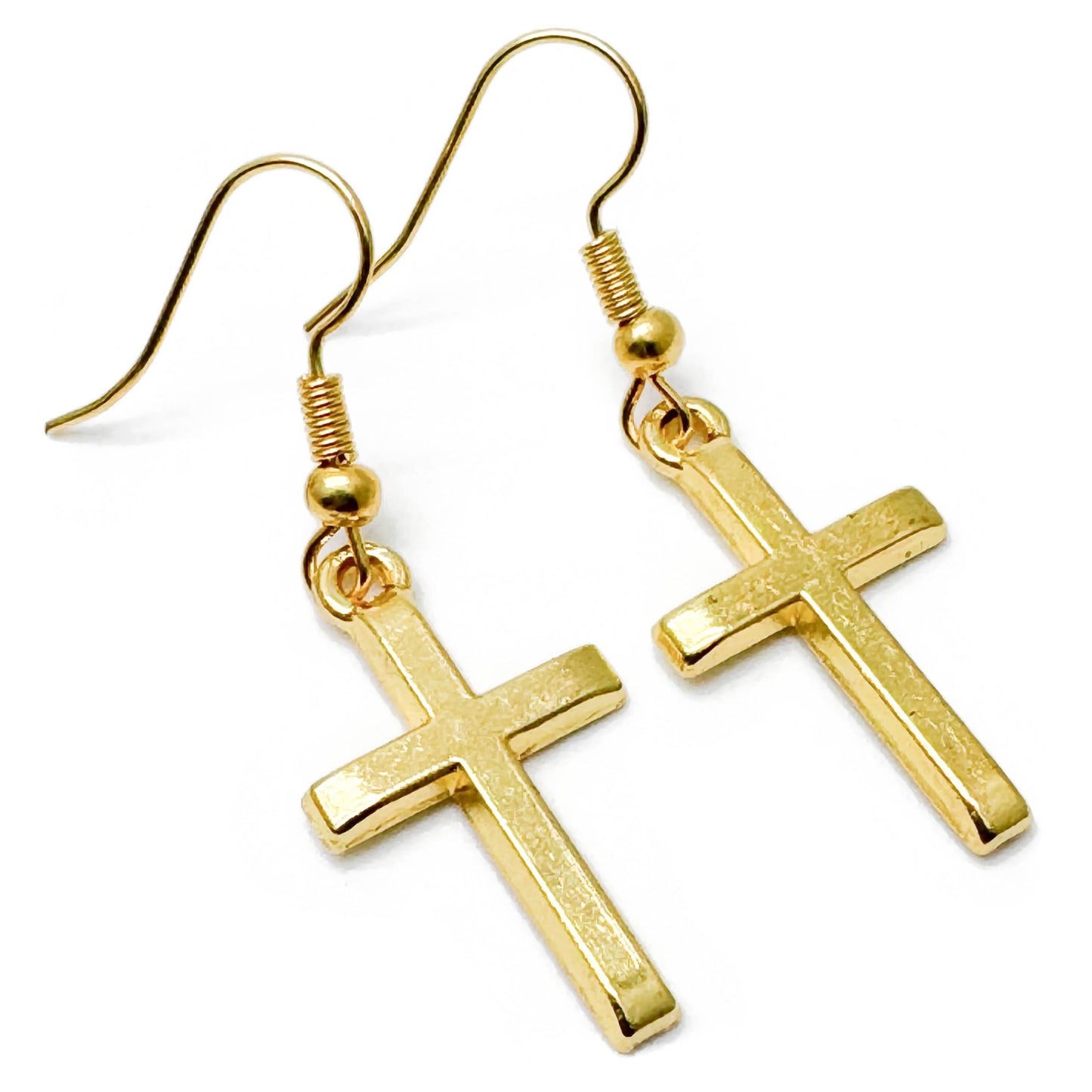 Gold Cross Charm Earrings, Nickel Free Hooks : 40mm long, Christian Faith