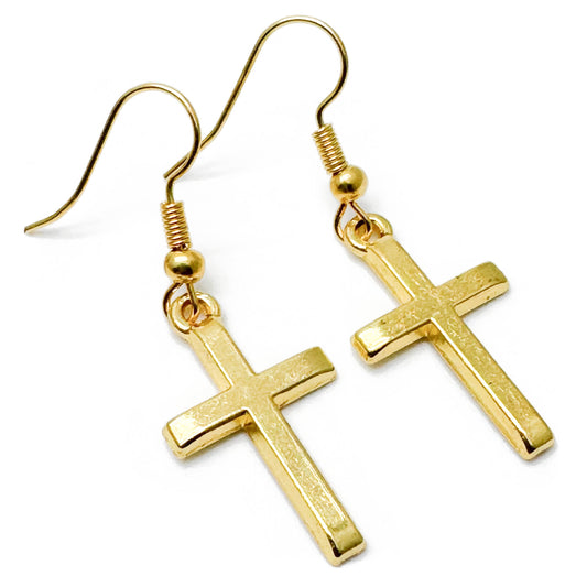 Gold Cross Charm Earrings, Nickel Free Hooks : 40mm long, Christian Faith