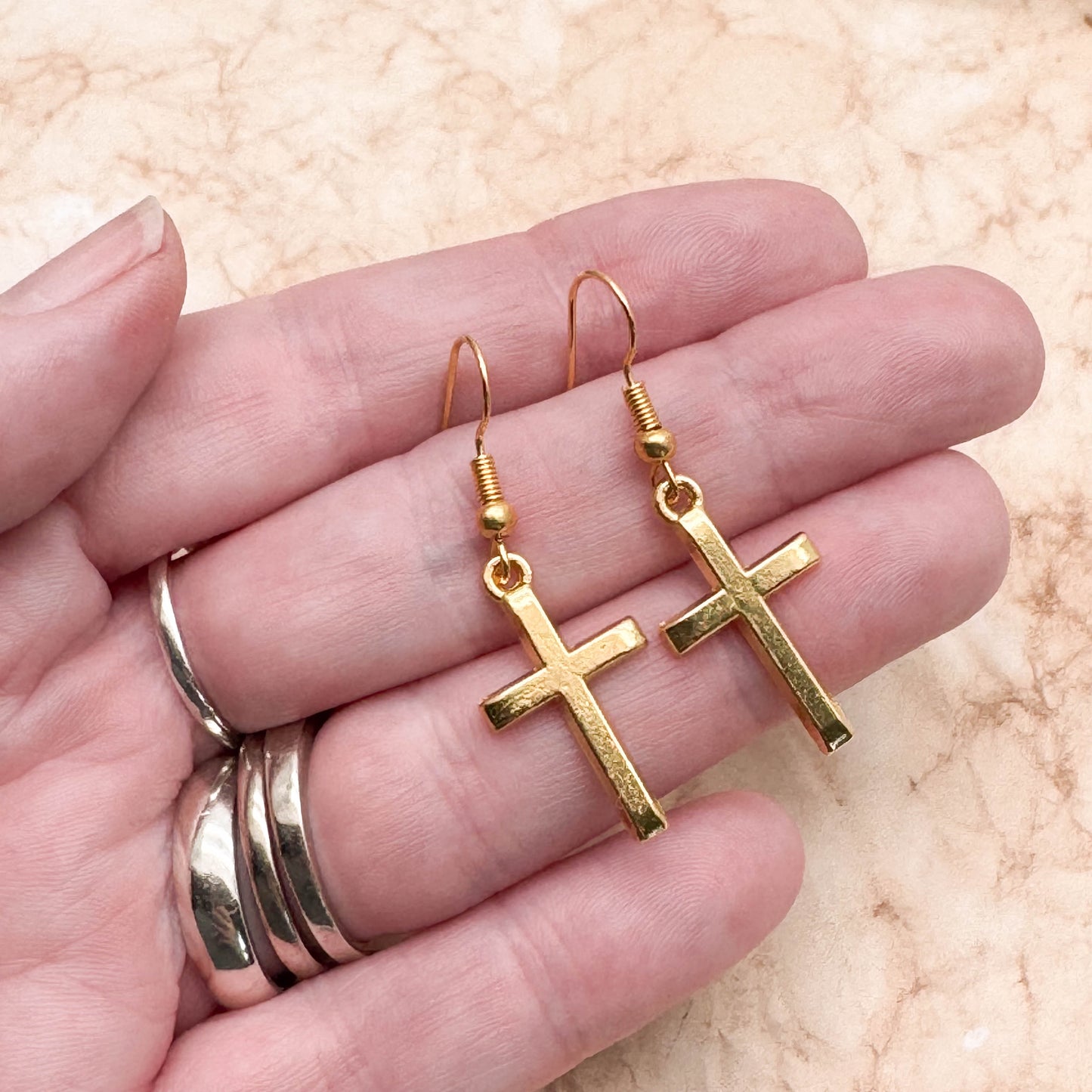 Gold Cross Charm Earrings, Nickel Free Hooks : 40mm long, Christian Faith