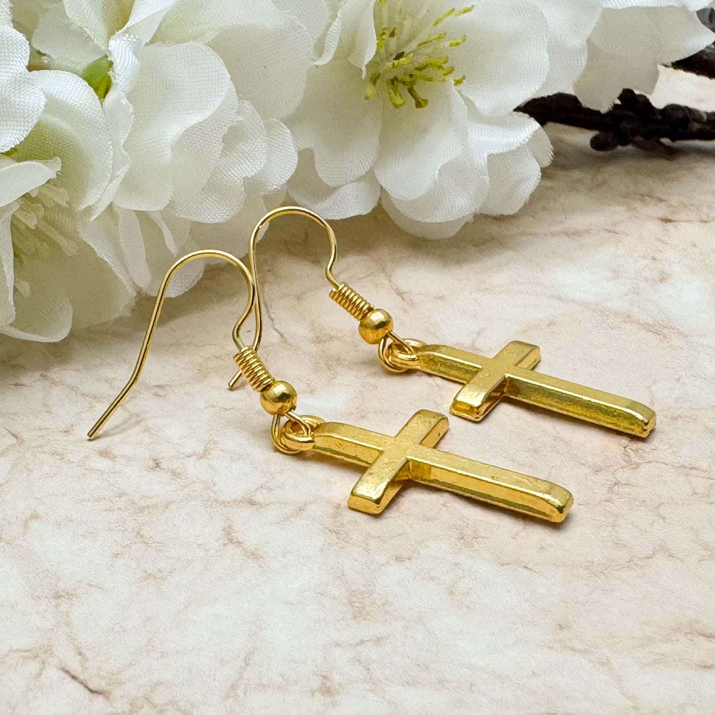 Gold Cross Charm Earrings, Nickel Free Hooks : 40mm long, Christian Faith