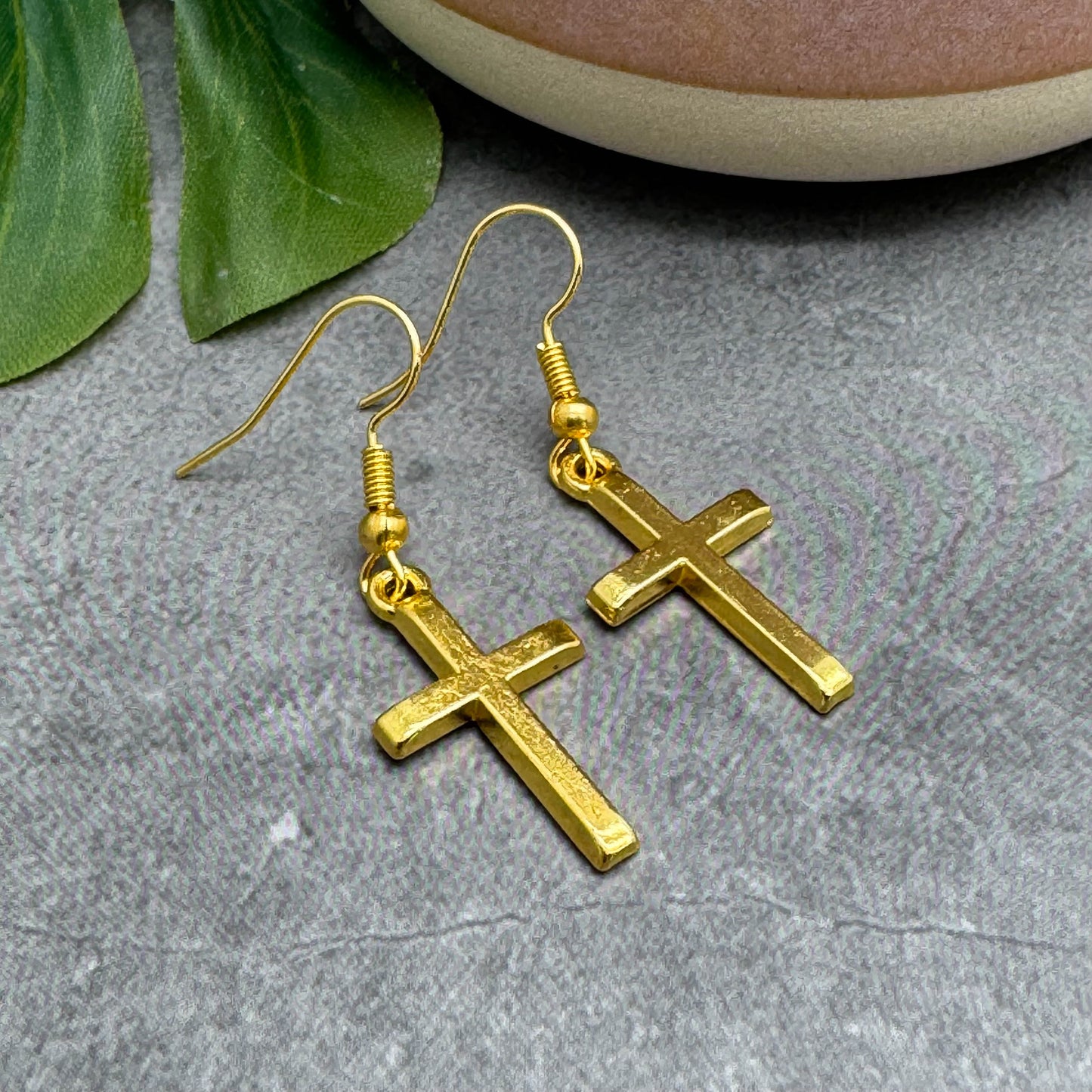 Gold Cross Charm Earrings, Nickel Free Hooks : 40mm long, Christian Faith