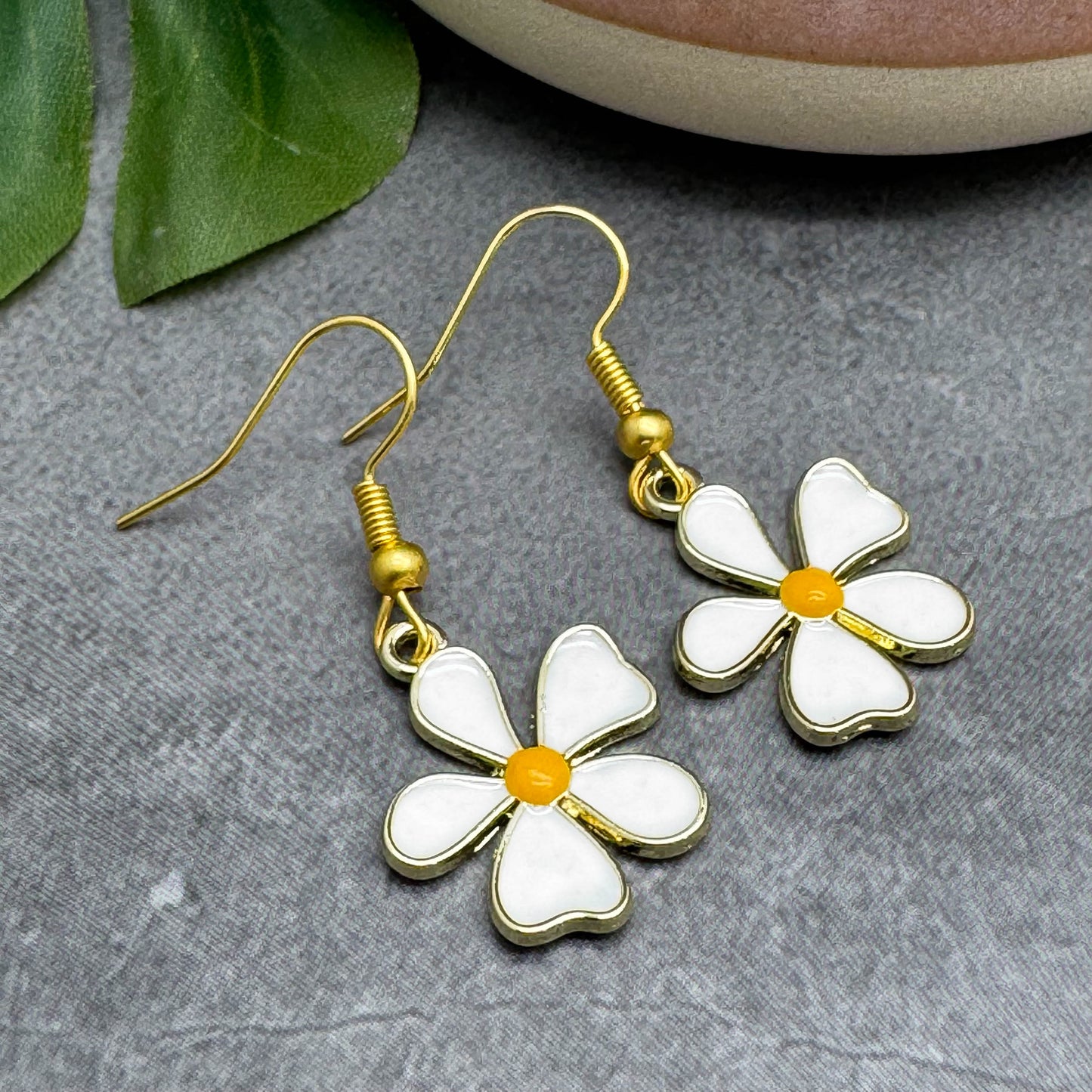 White Enamel Flower Earrings on Gold Tone Hooks : 39mm long