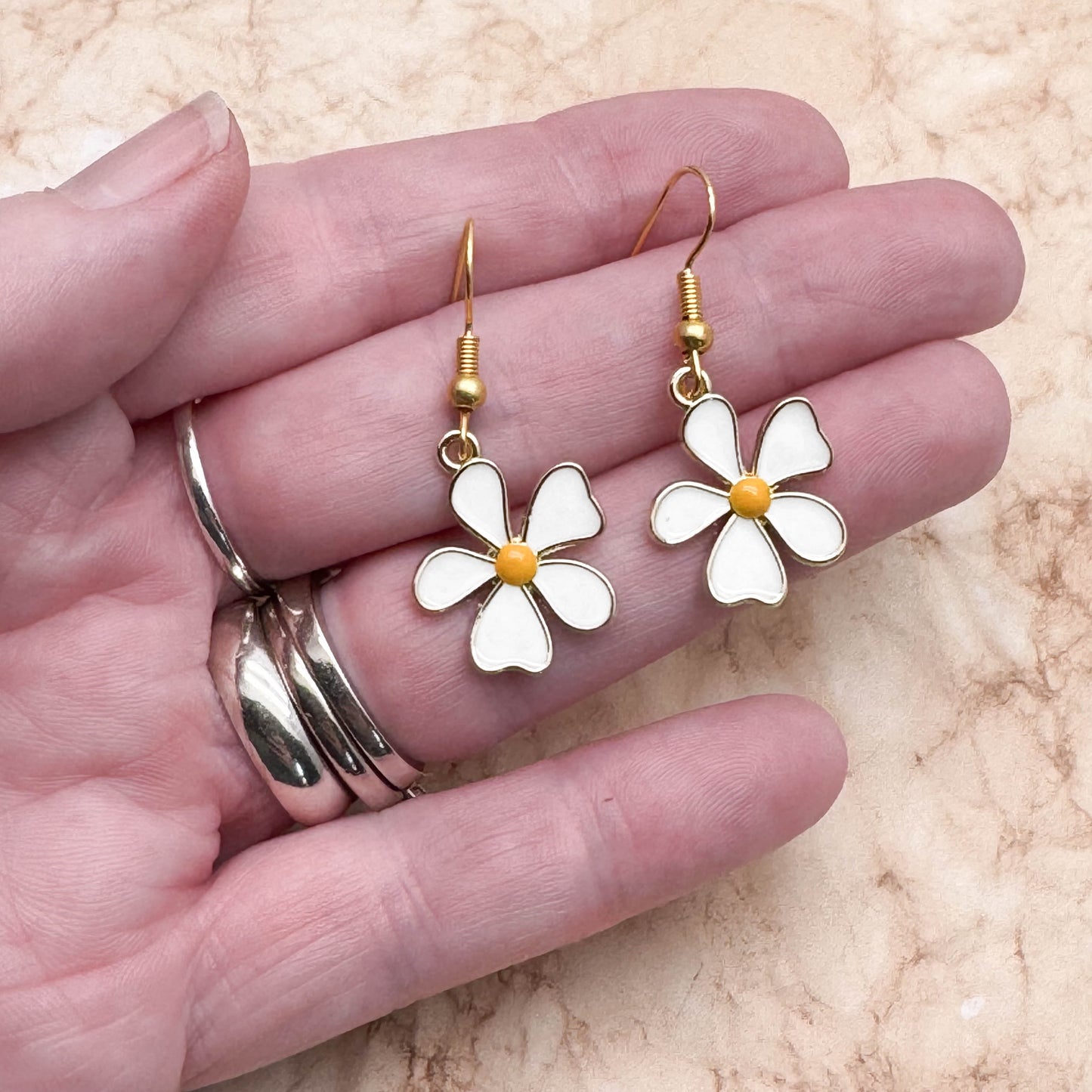 White Enamel Flower Earrings on Gold Tone Hooks : 39mm long