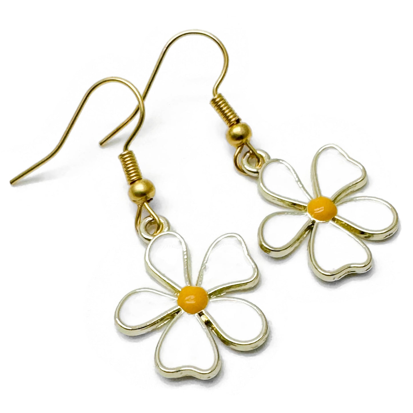 White Enamel Flower Earrings on Gold Tone Hooks : 39mm long