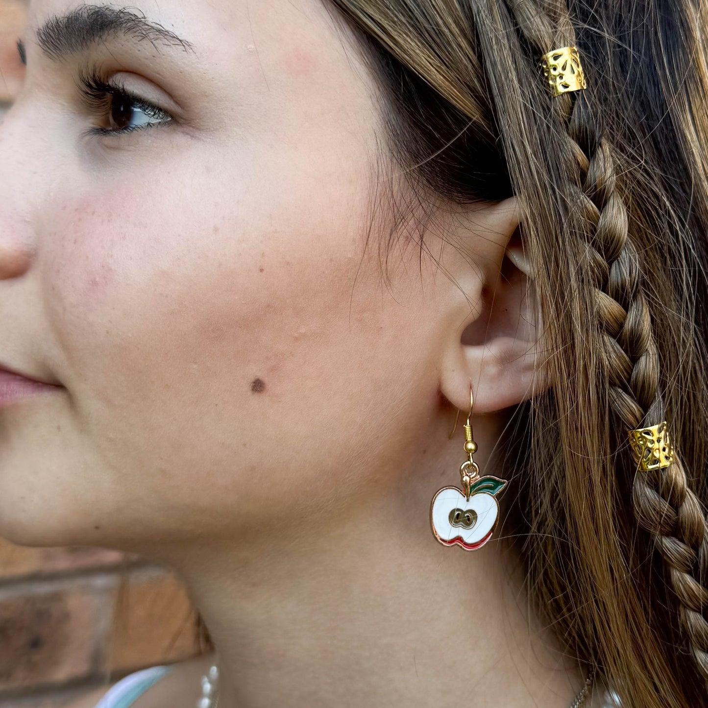 Apple Charm Earrings, White Enamel Beads, Nickel Free Gold Tone Hooks : 38mm