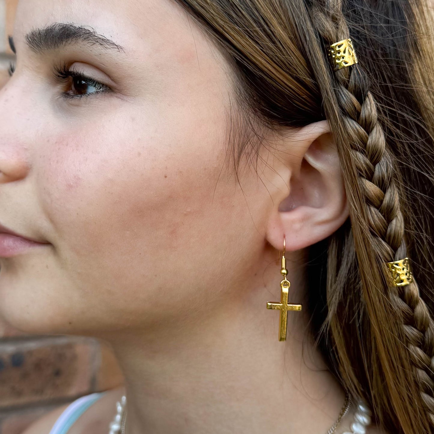 Gold Cross Charm Earrings, Nickel Free Hooks : 40mm long, Christian Faith