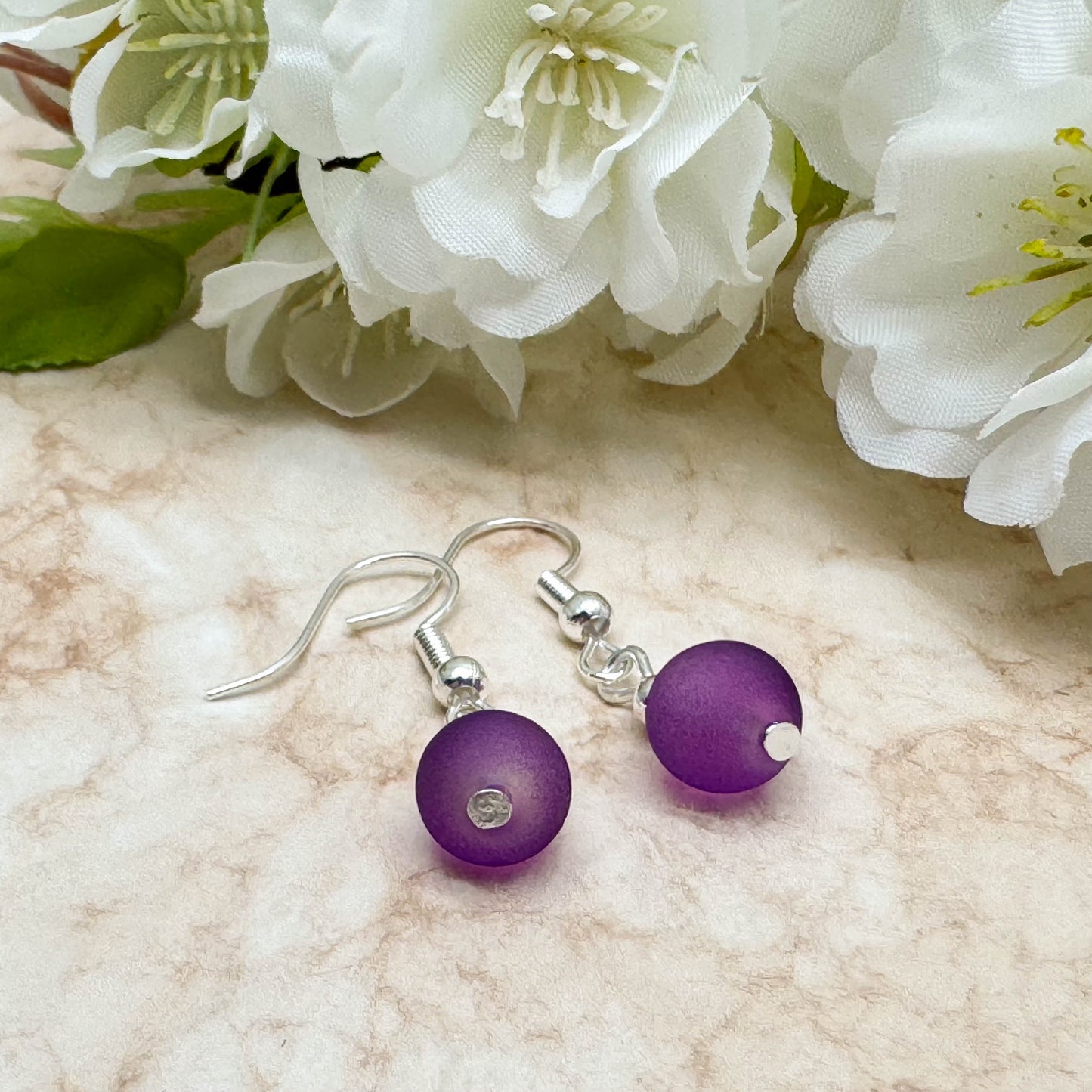 Frosted Purple Glass Bead Earrings, 8mm Round Beads : 32mm Long