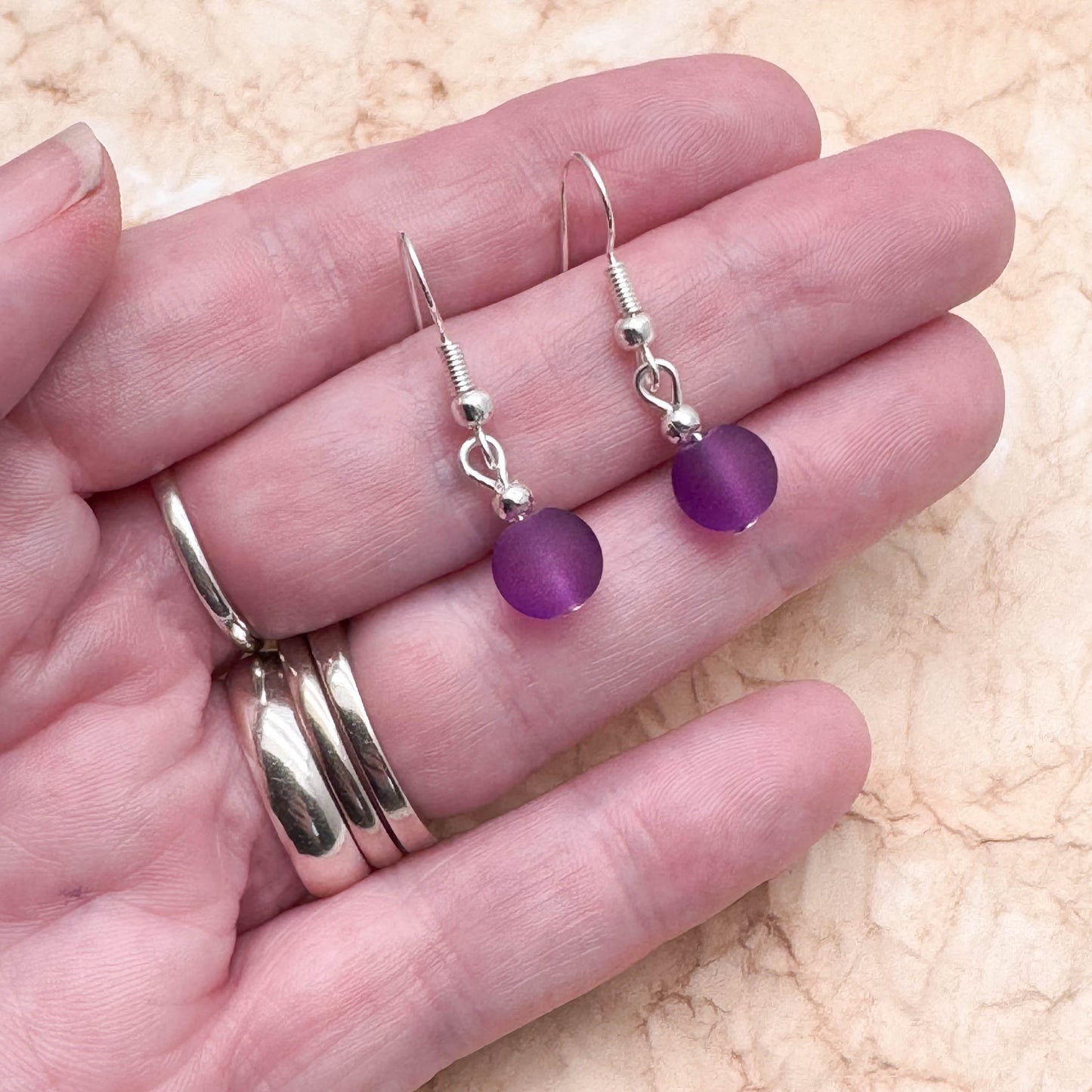 Frosted Purple Glass Bead Earrings, 8mm Round Beads : 32mm Long