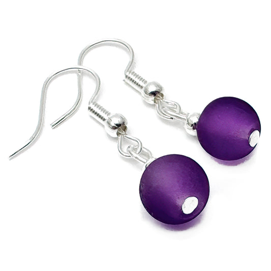 Frosted Purple Glass Bead Earrings, 8mm Round Beads : 32mm Long