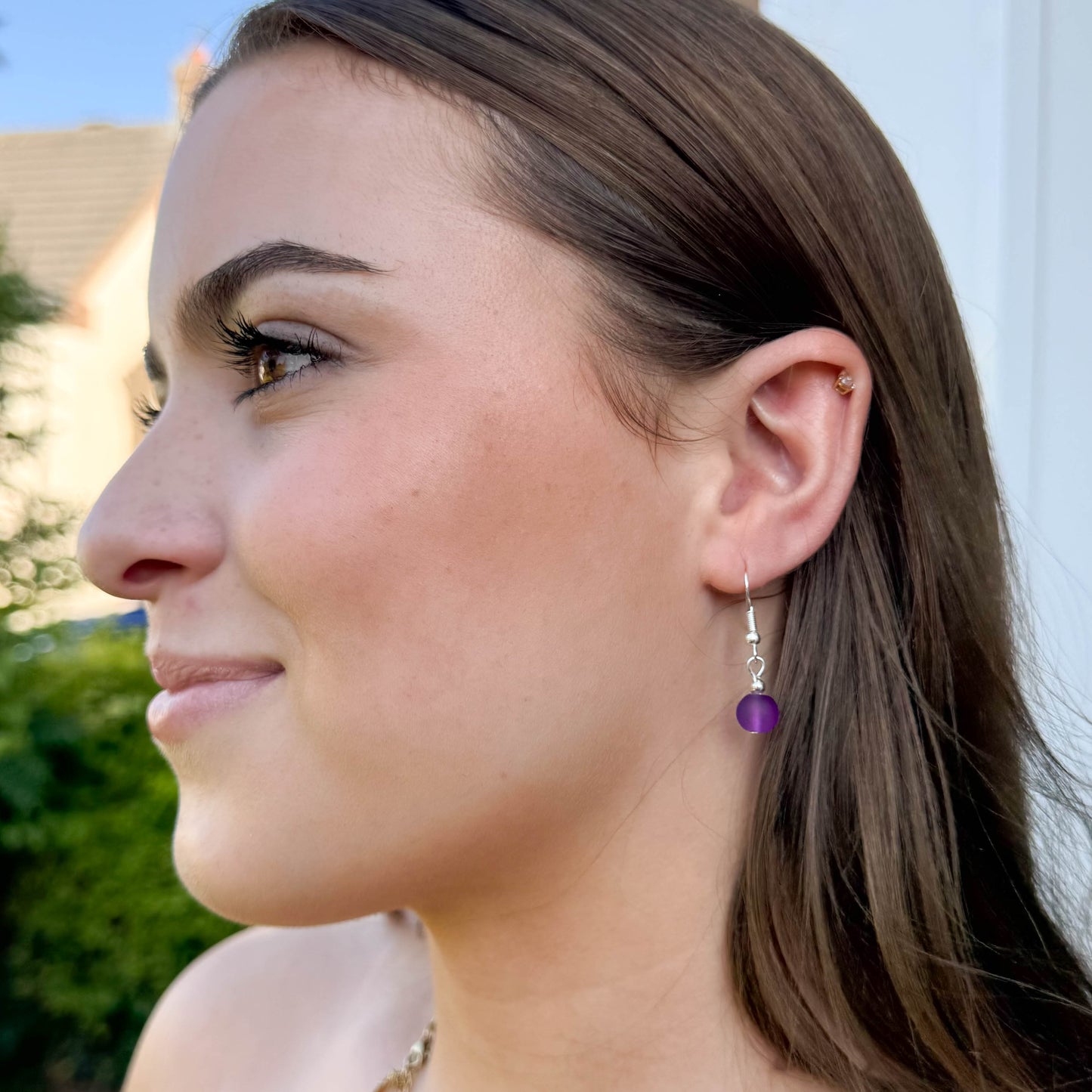Frosted Purple Glass Bead Earrings, 8mm Round Beads : 32mm Long