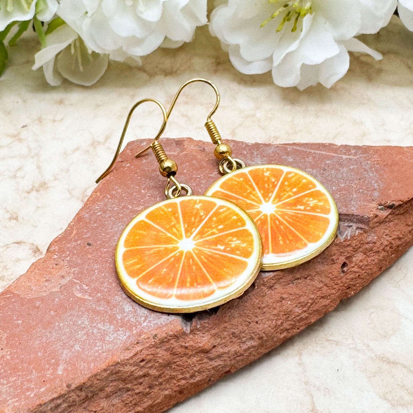Orange Slice Earrings, Yellow Enamel Fruit Charm Beads : 42mm long