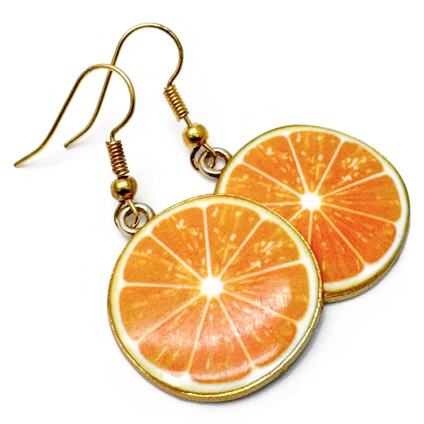 Orange Slice Earrings, Yellow Enamel Fruit Charm Beads : 42mm long