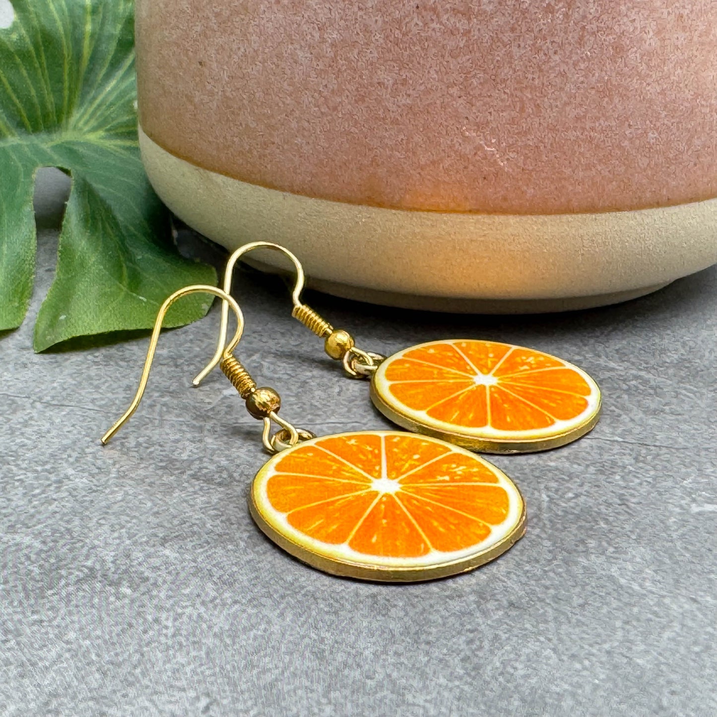 Orange Slice Earrings, Yellow Enamel Fruit Charm Beads : 42mm long