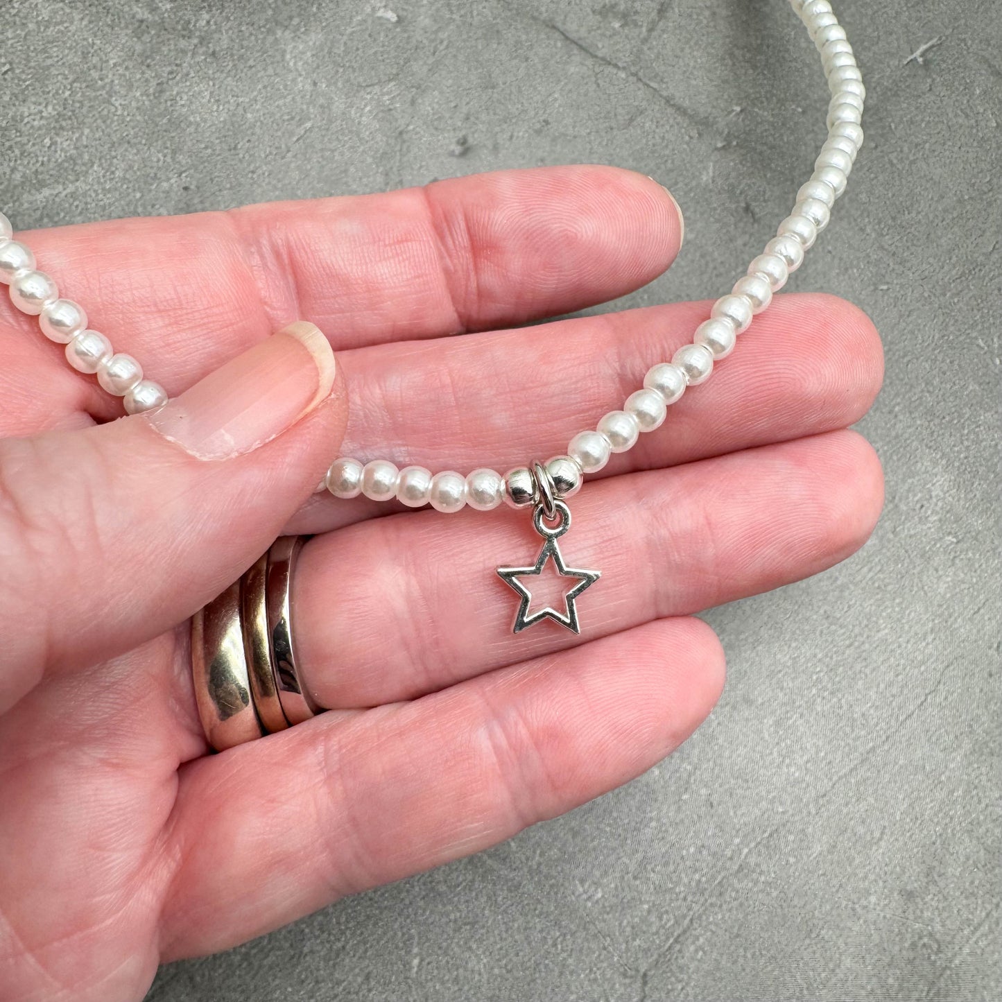 Silver Plated Star Charm Pearly Bead Necklace