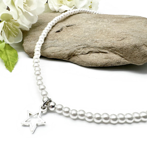 Silver Plated Star Charm Pearly Bead Necklace