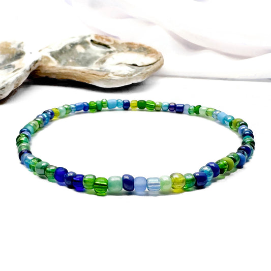 Blue and Green Glass Seed Bead Anklet
