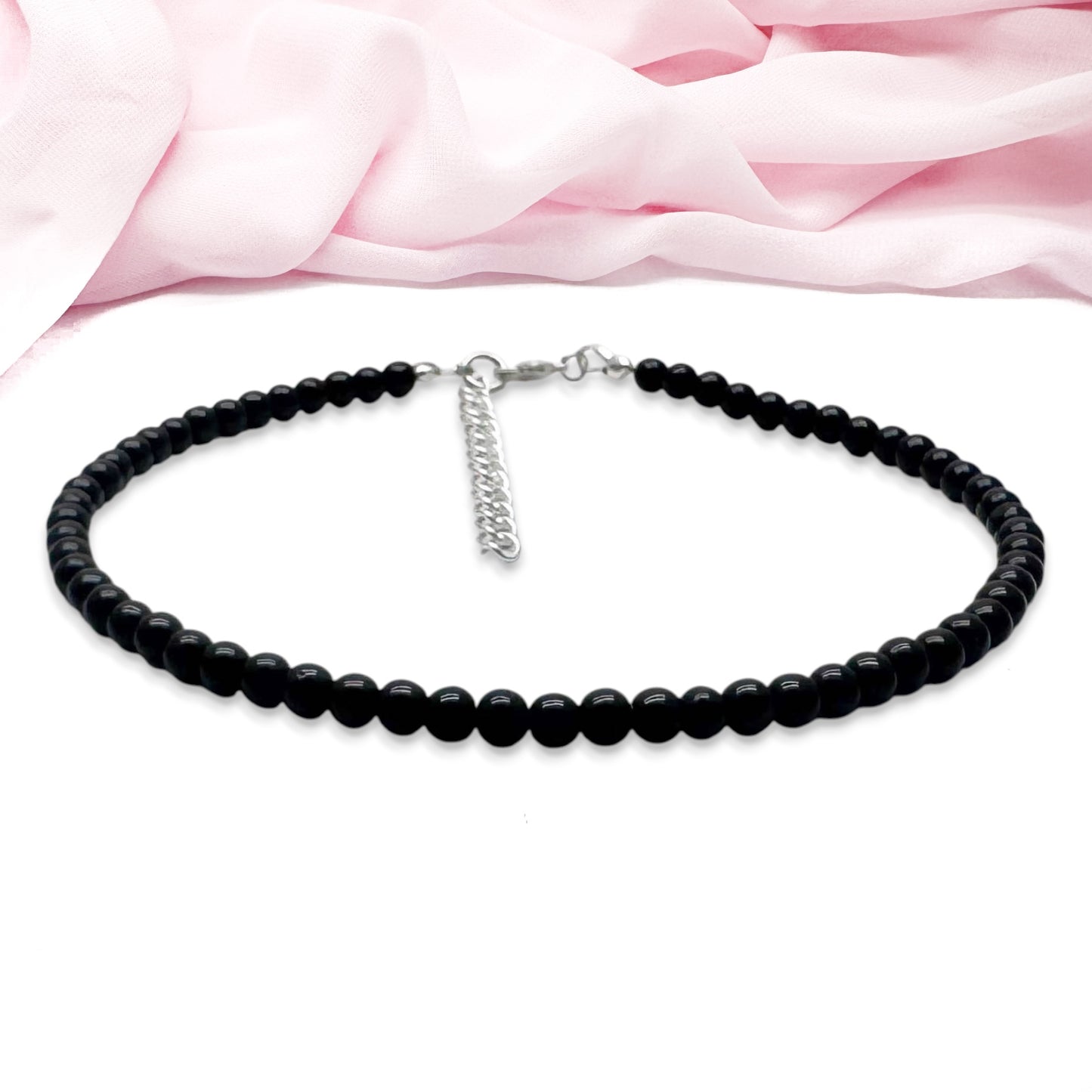 Plus Size Anklet with 4mm Black Glass Beads, Adjustable