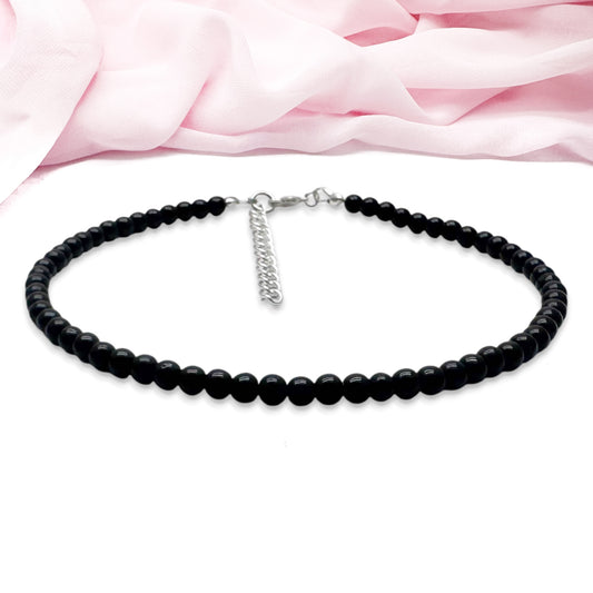 Plus Size Anklet with 4mm Black Glass Beads, Adjustable