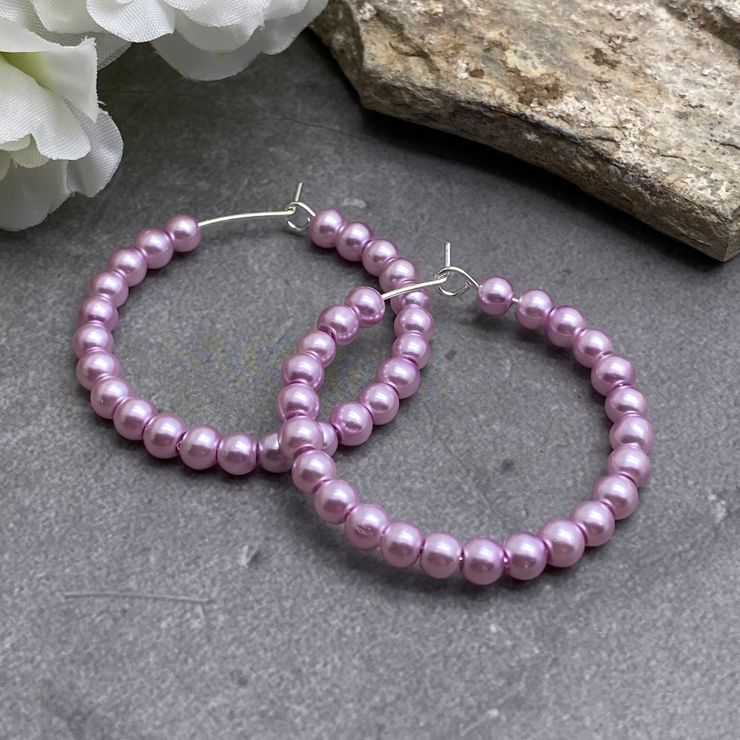Baby Pink Glass Bead Silver Plated Hoops : 35mm Diameter